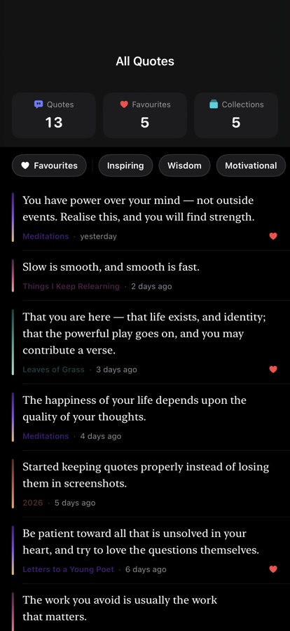 The All Quotes screen: counts for quotes, favourites and collections, filter chips, and a list of saved quotes each marked with its collection's colour.