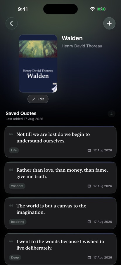 A collection screen for Walden by Henry David Thoreau, its cover art setting the colour of the screen, with four saved quotes each tagged and dated.
