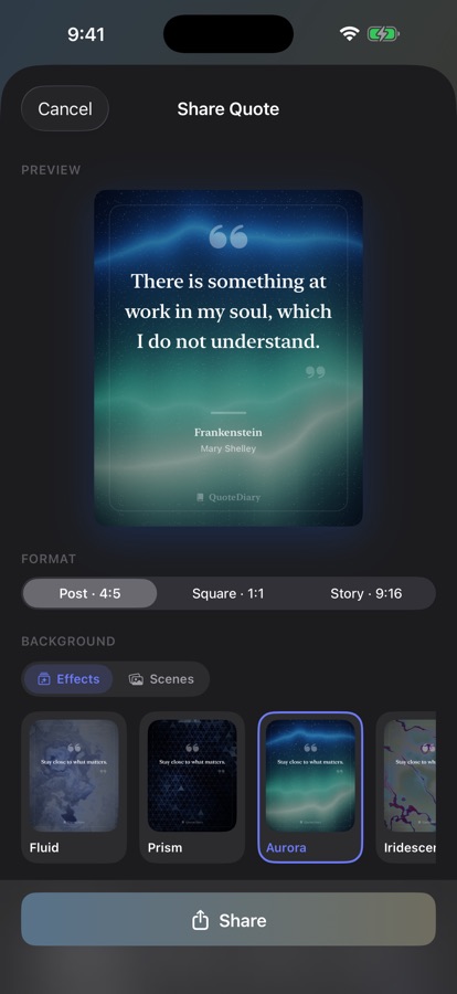 The Share Quote screen: a line from Frankenstein previewed over the Aurora backdrop, with format options and a row of selectable backgrounds beneath.