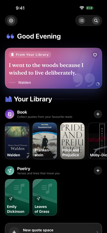 The QuoteDiary home screen: a featured card reading “I went to the woods because I wished to live deliberately” from Walden, above a library of Book and Poetry collections showing real cover art.