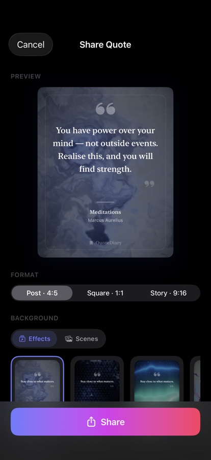 The Share Quote screen: a live preview of a quote card over a fluid backdrop, with format options and a row of background thumbnails.